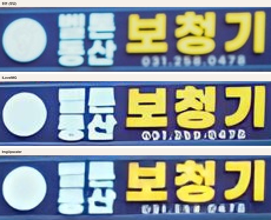 간판 확대 비교. 원본, iLoveIMG, ImgUpscaler 순서로 세로로 놓여 있다